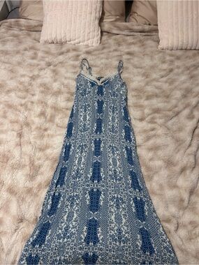 lovestitch Blue Printed Maxi Dress with Lace Accents